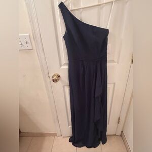 David's Bridal One-Shoulder Navy Formal Gown
